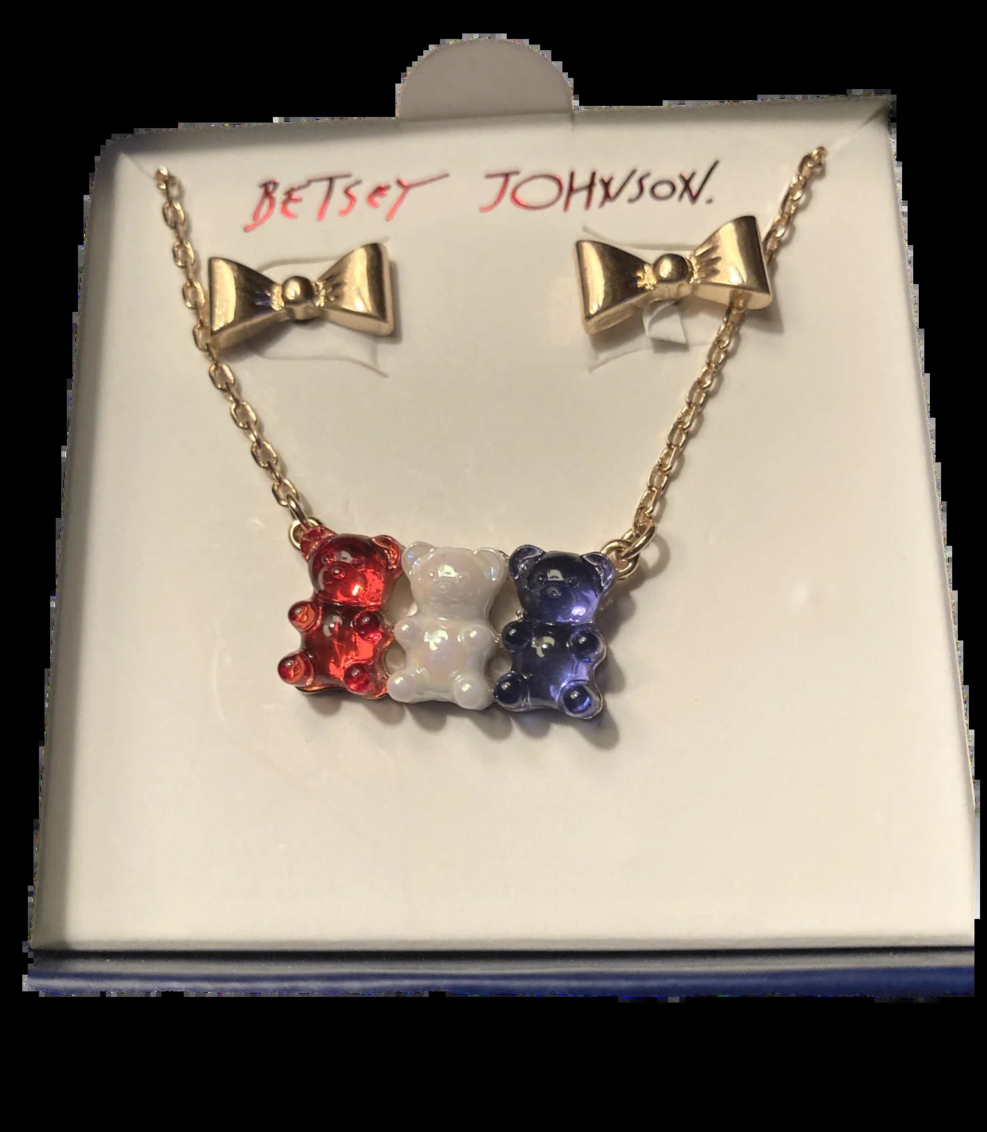 Patriotic Red, White and Blue Gummy Bear Necklace and Gold Bow Earrings