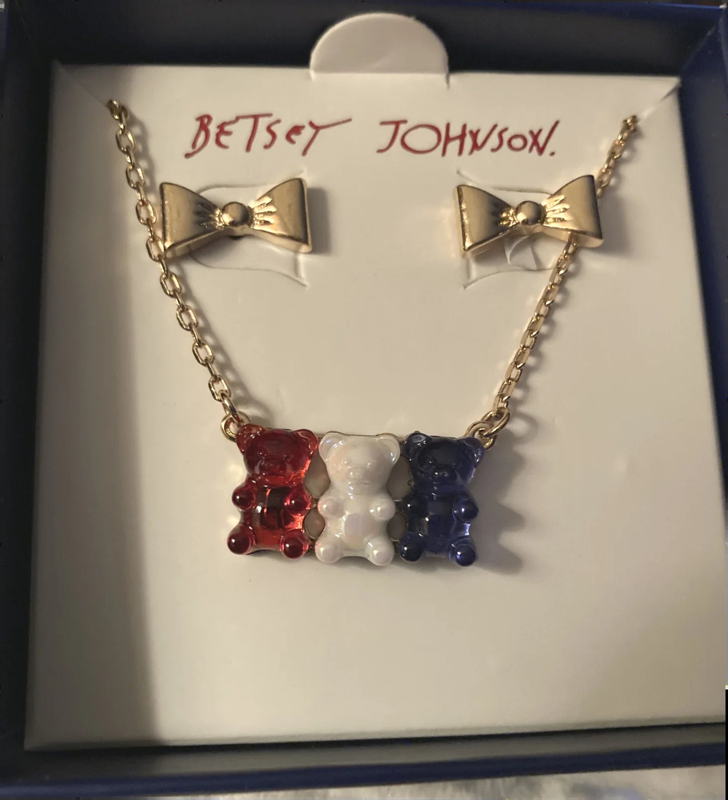 Patriotic Red, White and Blue Gummy Bear Necklace and Gold Bow Earrings
