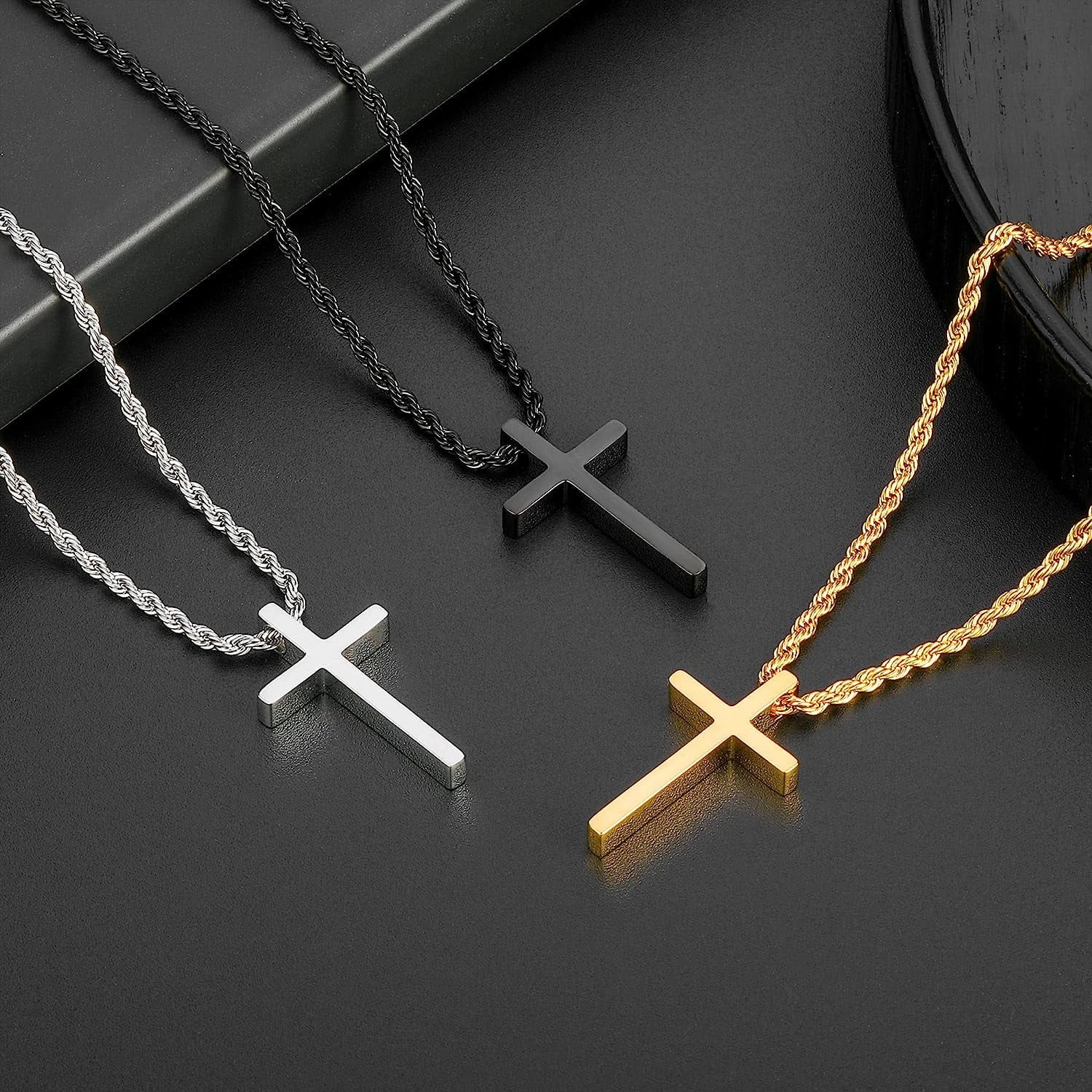 Cross Necklace for Men,Stainless Steel Black Silver Gold Cross Pendant Necklace for Men Boys Cross Chain for Men 16-24 Inches Rope Chain