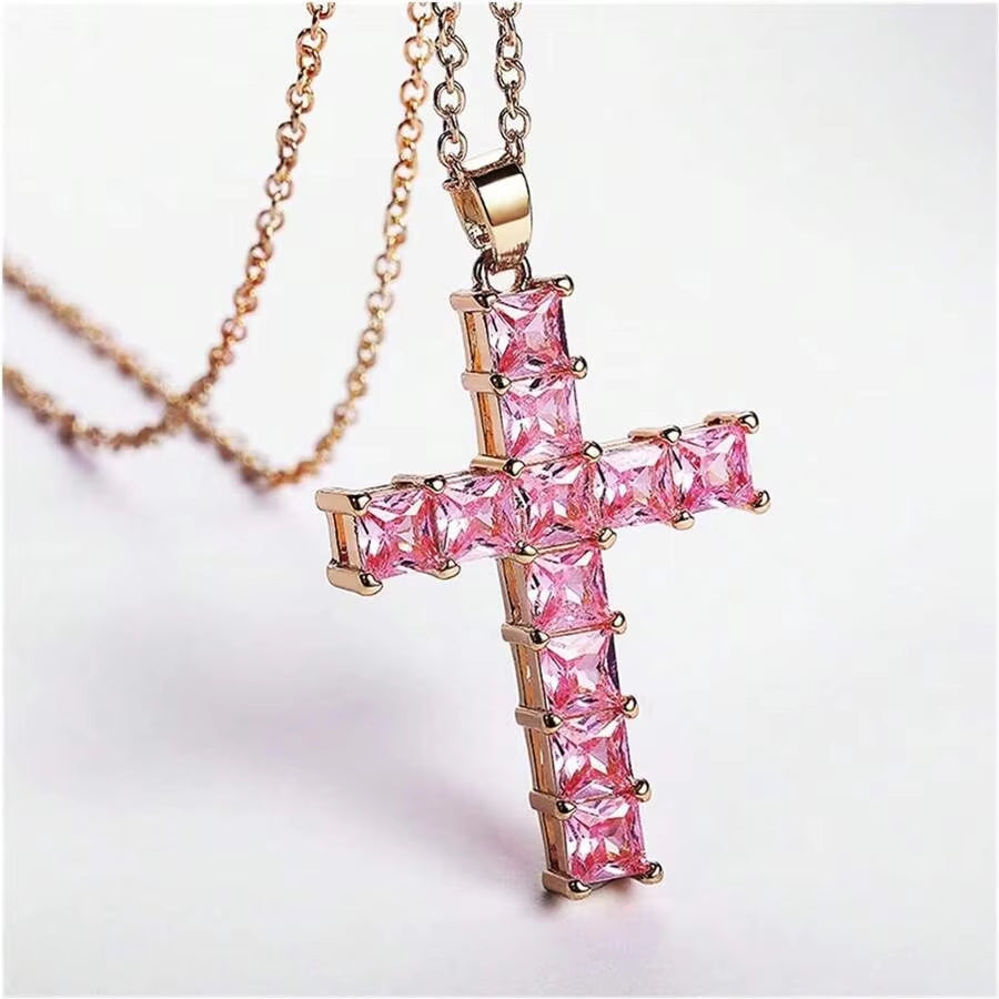 New Fashion Necklaces Female Pendants Gold Multi Color Crystal Jesus Cross Pendant for Women Necklace Party Leisure Time Jewelry