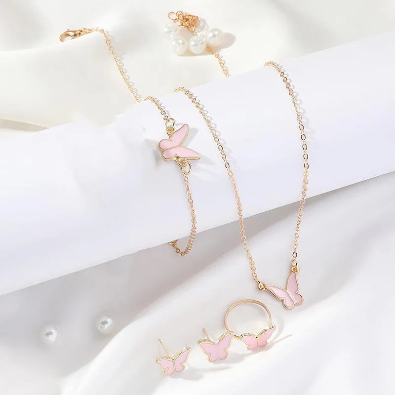 5PCS Fashion Butterfly Pendants Necklace Earrings Ring Bracelet Sets for Women Jewelry Set Bridal Wedding Jewelry Gift